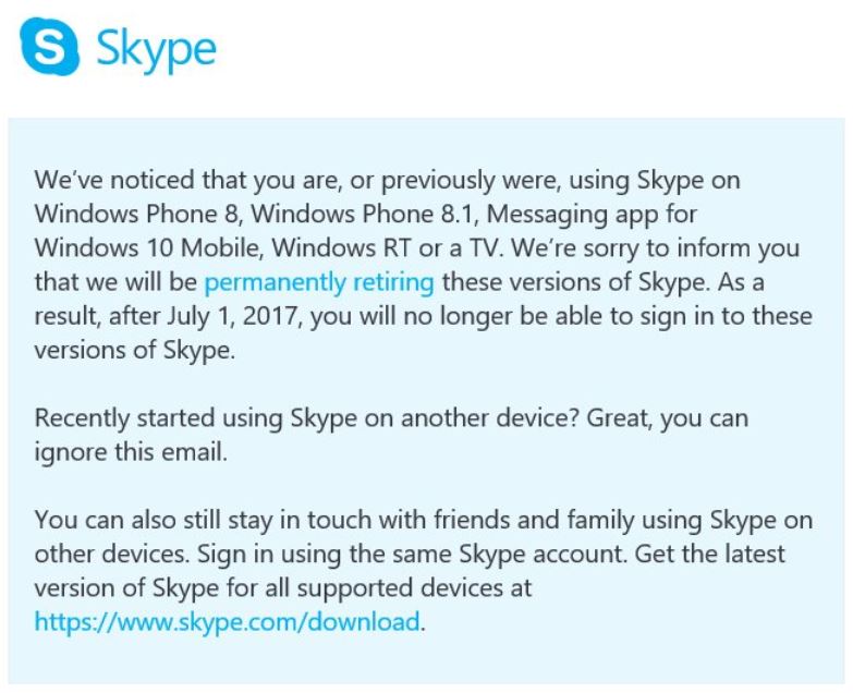 1 июля Microsoft удалит Skype для Windows Phone, RT и TV